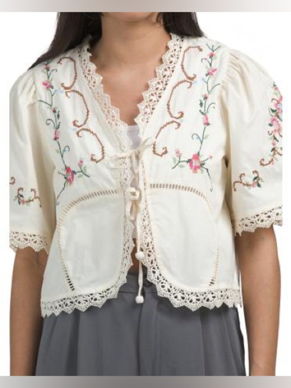 Jennifer & Grace Romantic Eyelet Embroidered Short Sleeve Tie Front Blouse XL